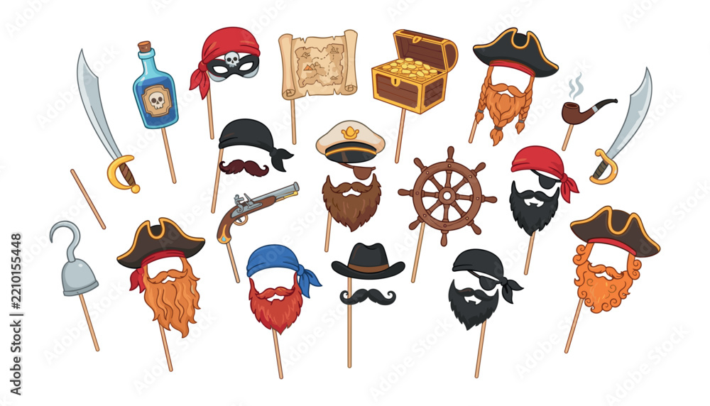 Obraz premium Cute pirate photo booth props collection set with hats masks beards map and sword isolated on white background vector