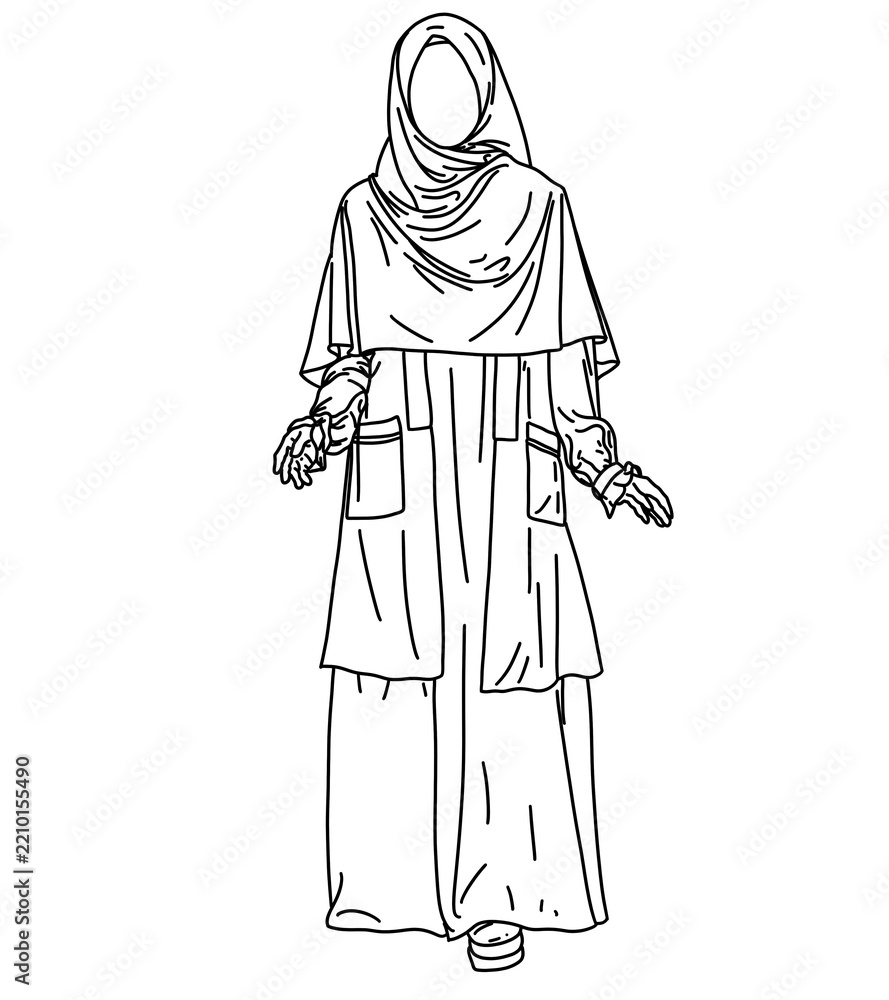 Obraz premium Muslim Woman Wearing Syari Hijab and Abaya Vector Illustration, Elegant Hijabi Girl in Modest Pastel Outfit Line Art Illustration, Modern Muslimah Character in Syari Outfit Vector Flat Design