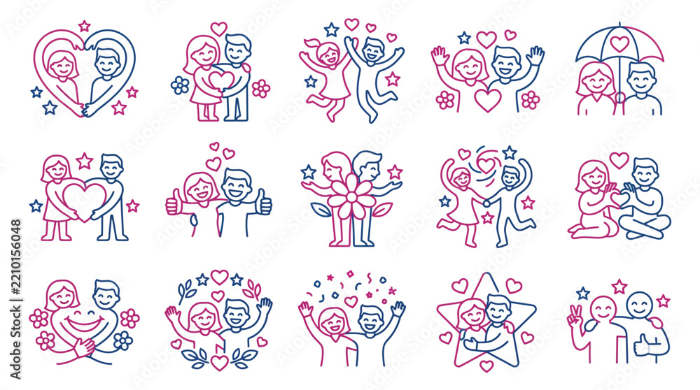 Fototapeta premium Collection of stylized icons representing love, friendship, and happy relationships between couples and friends.