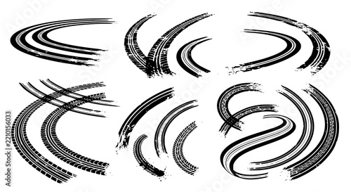 Tire tread marks after skidding, launch, drift, powerslide in motorsport, rally, off-road, motocross. Wheel texture with splash effect. Vector, JPEG version.