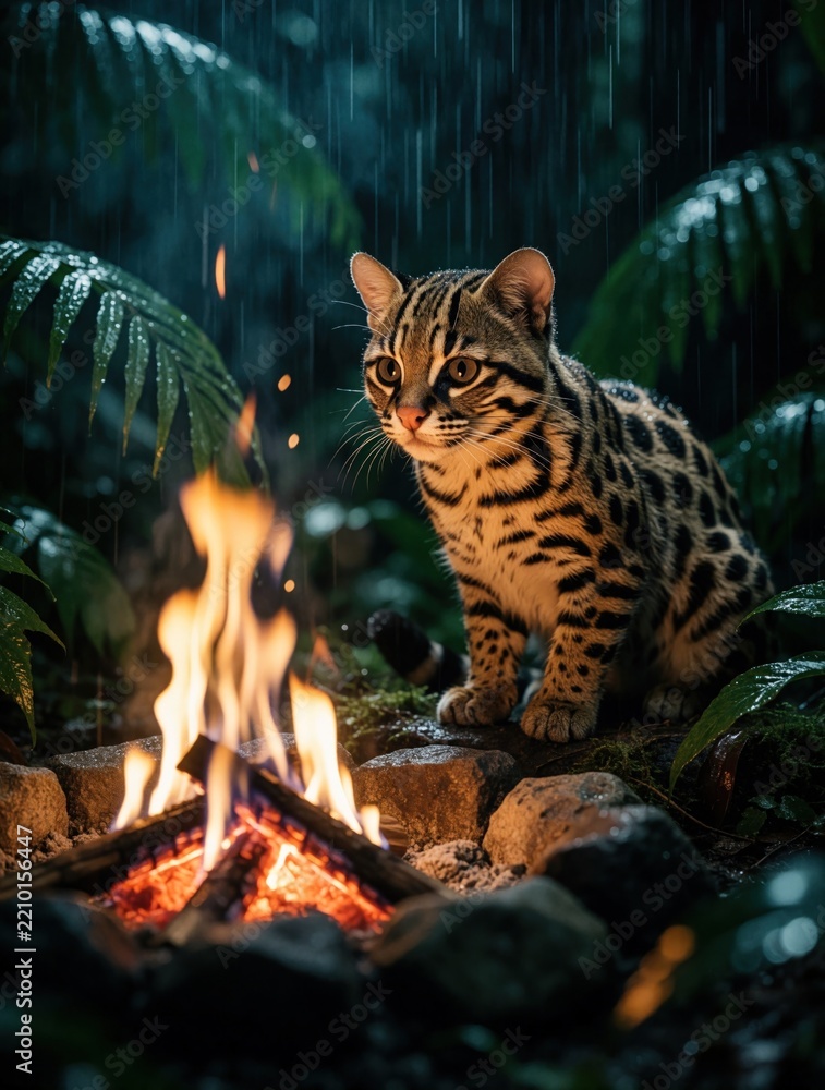 Obraz premium Small wildcat sits near bright campfire in dark jungle. Spotted oncilla looks at flame while rain falls in tropical forest. Rare predator rests by fire pit among green ferns and wet leaves at night.