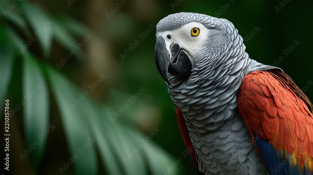 Obraz premium African grey parrot red feather yellow eye tropical bird close up green background wildlife nature