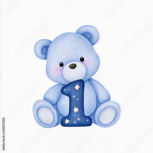 Blue teddy bear with star pajamas seated on white background, cute hand drawn art with soft watercolor texture and gentle expression