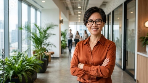 A confident mature Asian businesswoman stands in a modern office building hallway wearing an orange shirt and glasses.