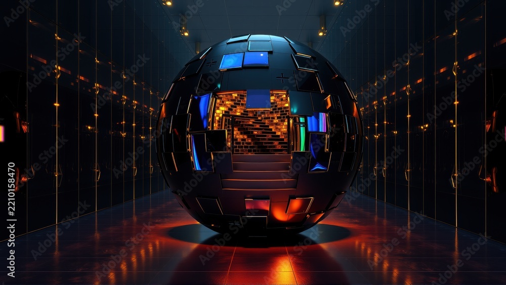 Fototapeta premium Futuristic eggshaped structure sits within dark room. Glowing lines create tunnel effect, illuminating reflective surface. Interior reveals staircase.