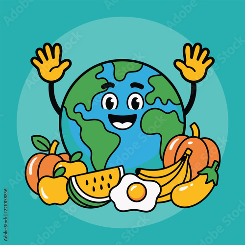 Cartoon earth surrounded by fruits and food, vector illustration.