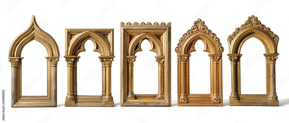 Fototapeta premium Six ornate gilded wooden frames with gothic arches arranged side by side against a white background