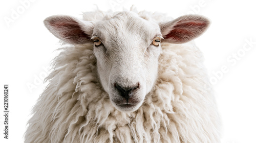 Close up portrait of a fluffy white sheep looking directly at the camera