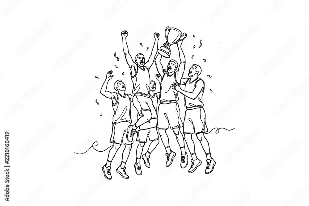 Fototapeta premium A continuous line drawing of a basketball team celebrating their championship victory with a trophy.