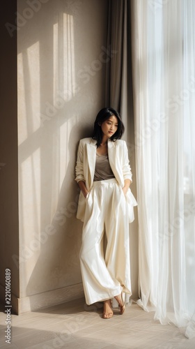 Elegant Woman in White Suit. A young Asian woman in a stylish white pantsuit stands near a window, bathed in soft natural light