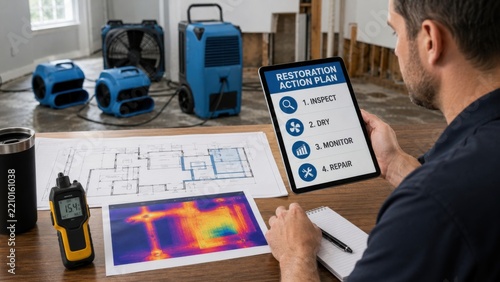 Restoration worker uses tablet to review action plan while preparing for work at a water damage site in a residential building