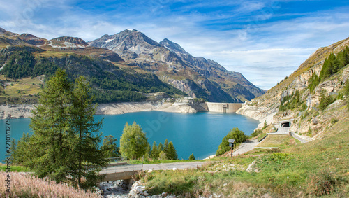 view on lake of a dam in the mountain landscape, lac of chevril in French Alp...