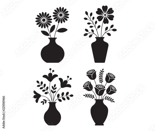 Floral Bouquet and Vase Silhouette Vector Design and Illustration Featuring Black and White Botanical Elements