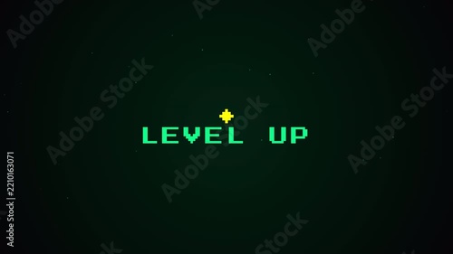 Retro 8 Bit Level up Message Showing Pixel Art Text and Glowing Star on Dark Arcade Background. 4K Video