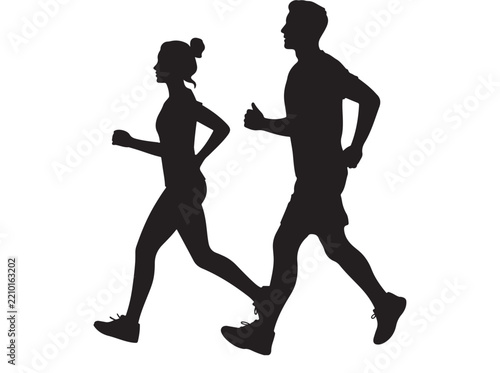 Side View Silhouette of Male and Female Runners Training for Marathon Cardio Workout Vector Design and Illustration