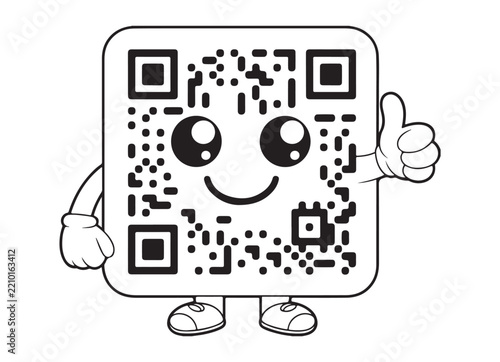 Happy QR Code Mascot Giving Thumbs Up in Black and White Outline Vector Design and Illustration Style