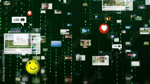 Dense digital media grid streams through green code with icons, messages, and video tiles, portraying information overload in a cinematic tech scene for marketing and AI content.