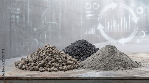 Raw material piles for concrete with glowing recycling process