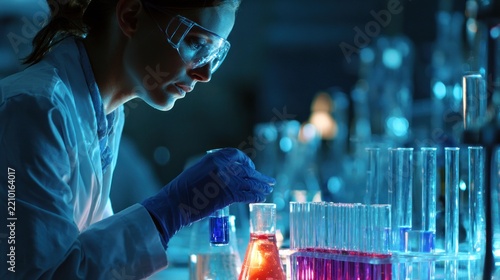 Scientist in lab, working with colorful liquids