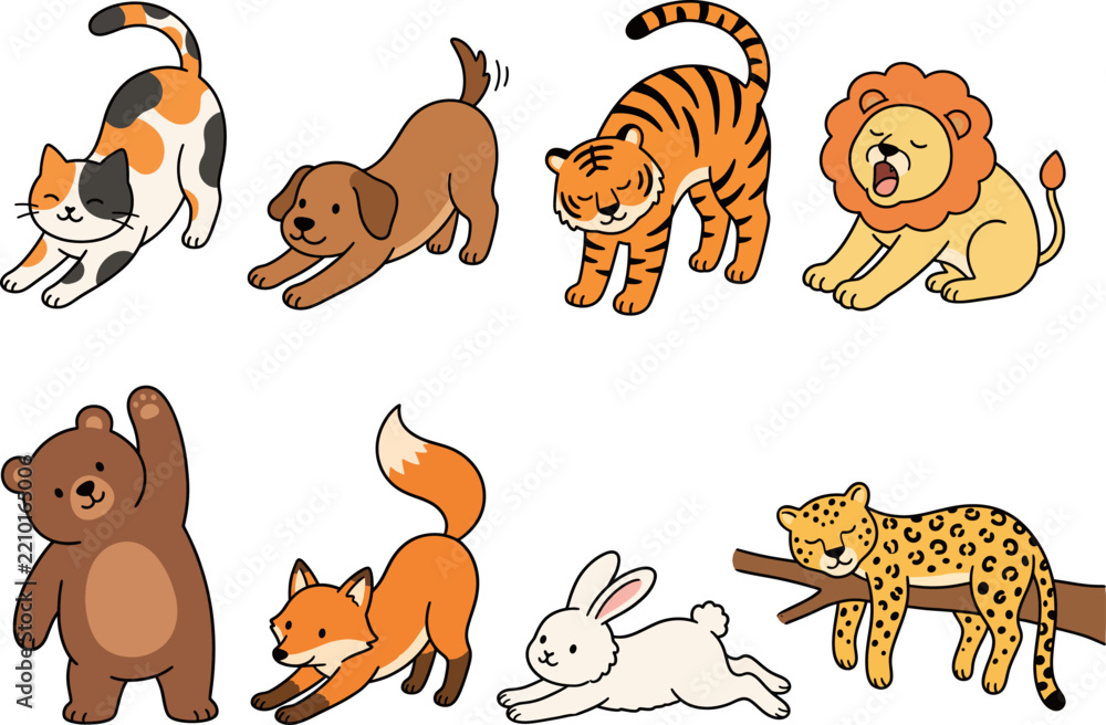 Obraz premium Cute Cartoon Animal Characters Stretching and Resting