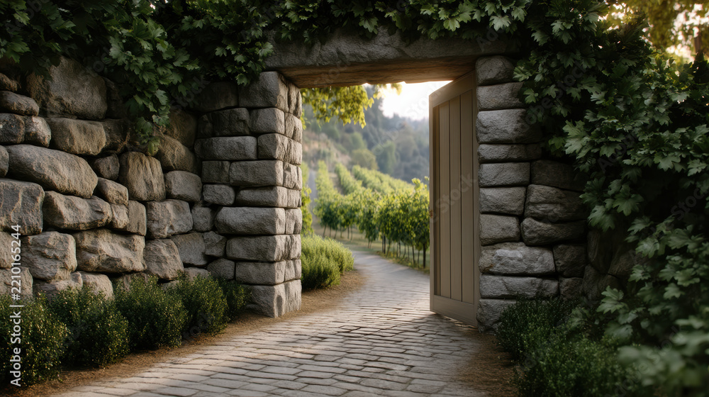 Obraz premium Ancient vineyard, early morning, stone wall, open wooden gate, cobblestone path, lush greenery, sunlight