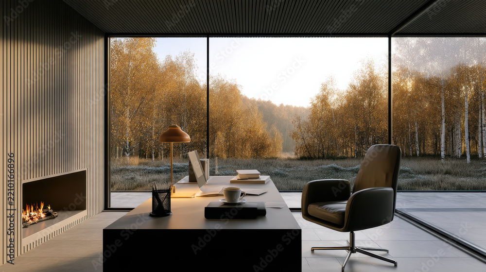 Obraz premium Modern luxury home office with large glass windows, autumn forest view, cozy fireplace, elegant furniture
