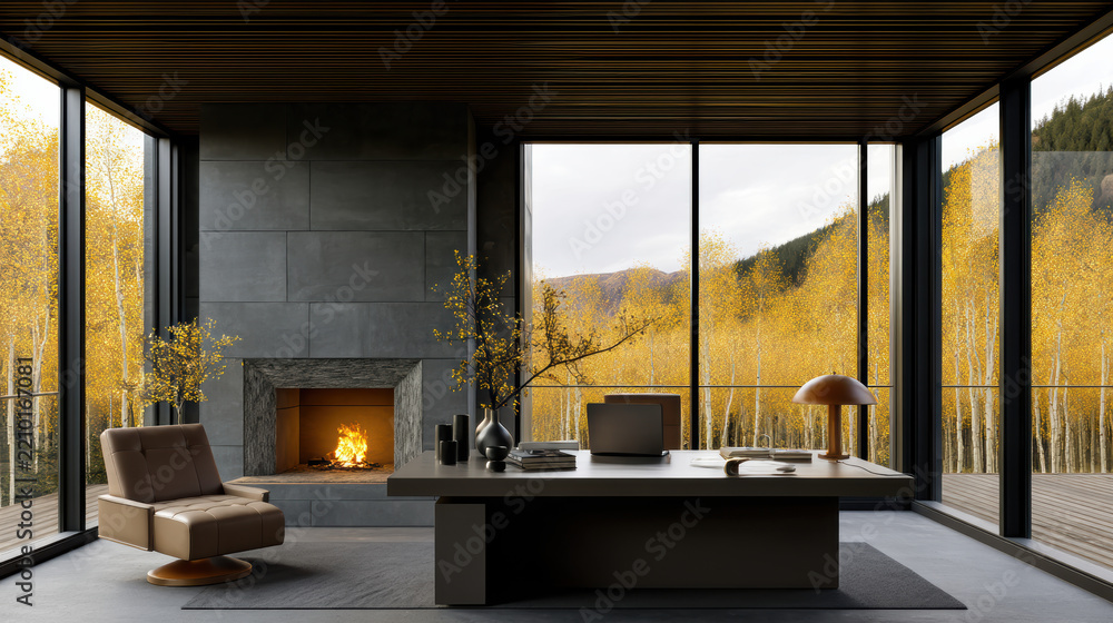 Obraz premium Modern luxury home office with fireplace, large windows, autumn forest view, cozy chair, elegant decor