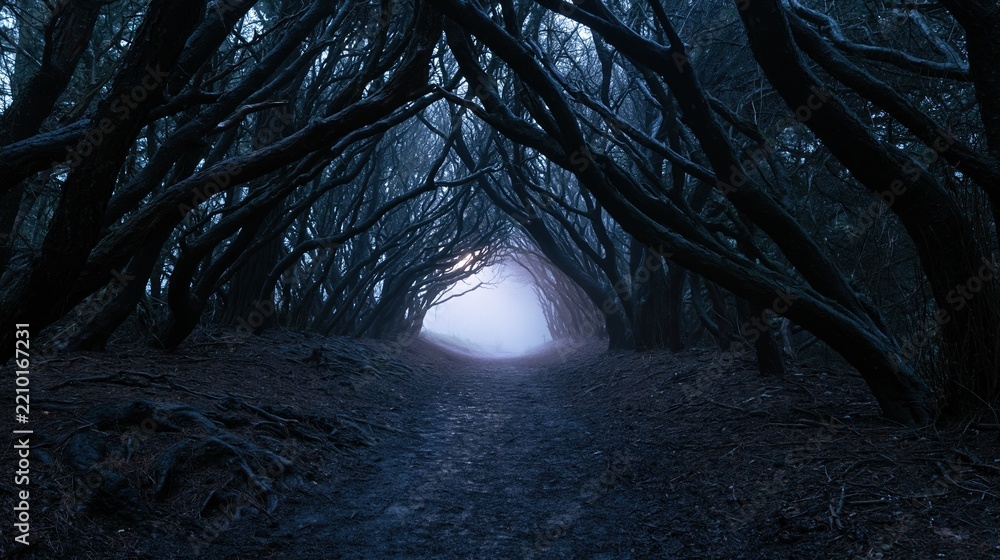 Obraz premium The Forest Tunnel Beneath Twisted Branches Toward a Moonlit Gateway