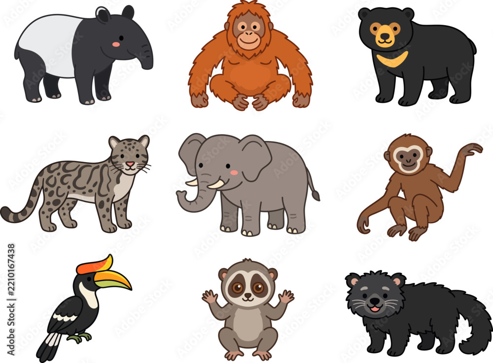 Obraz premium Cute Cartoon Tropical and Rainforest Animal Collection