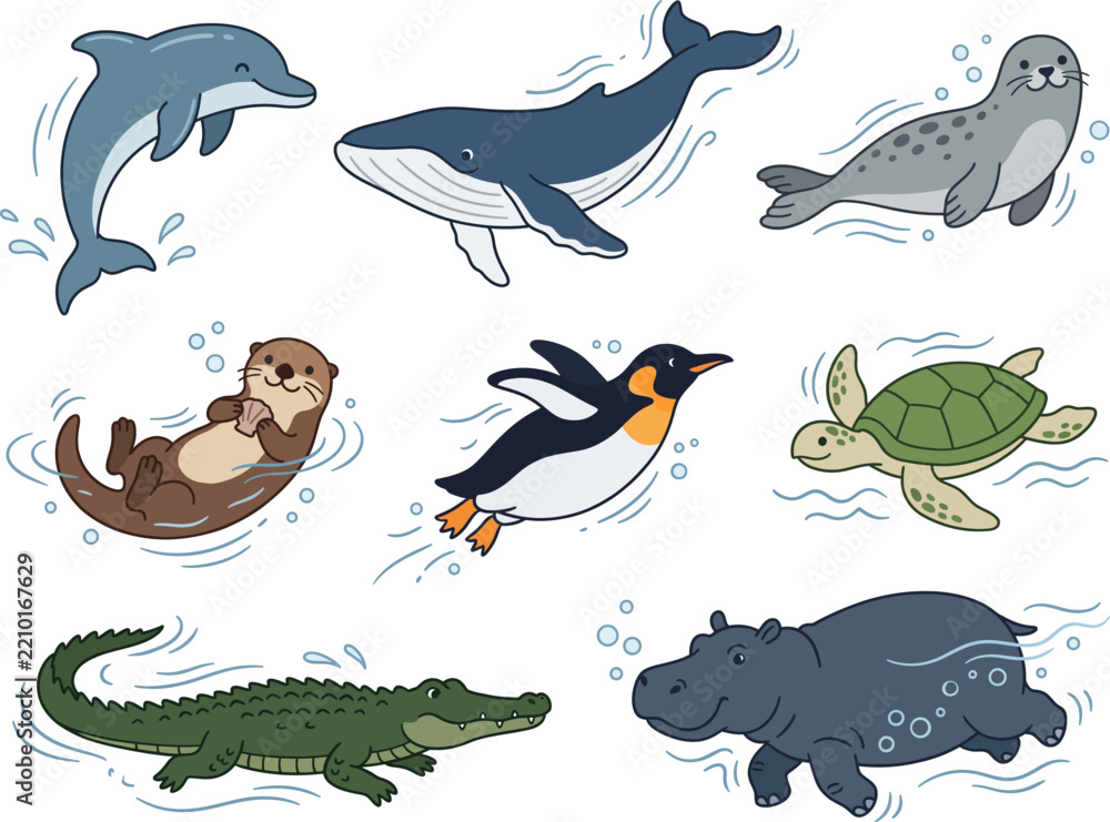 Obraz premium Cute Cartoon Aquatic Animal Character Collection