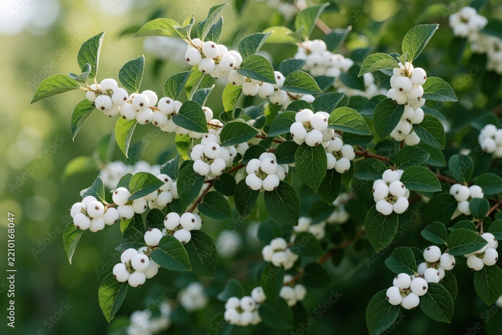 Obraz premium Close up of white snow berries on green leaves. Symphoricarpos albus shrub with ripe fruit grows in garden during autumn. Small white berries cluster on branches in natural park under bright