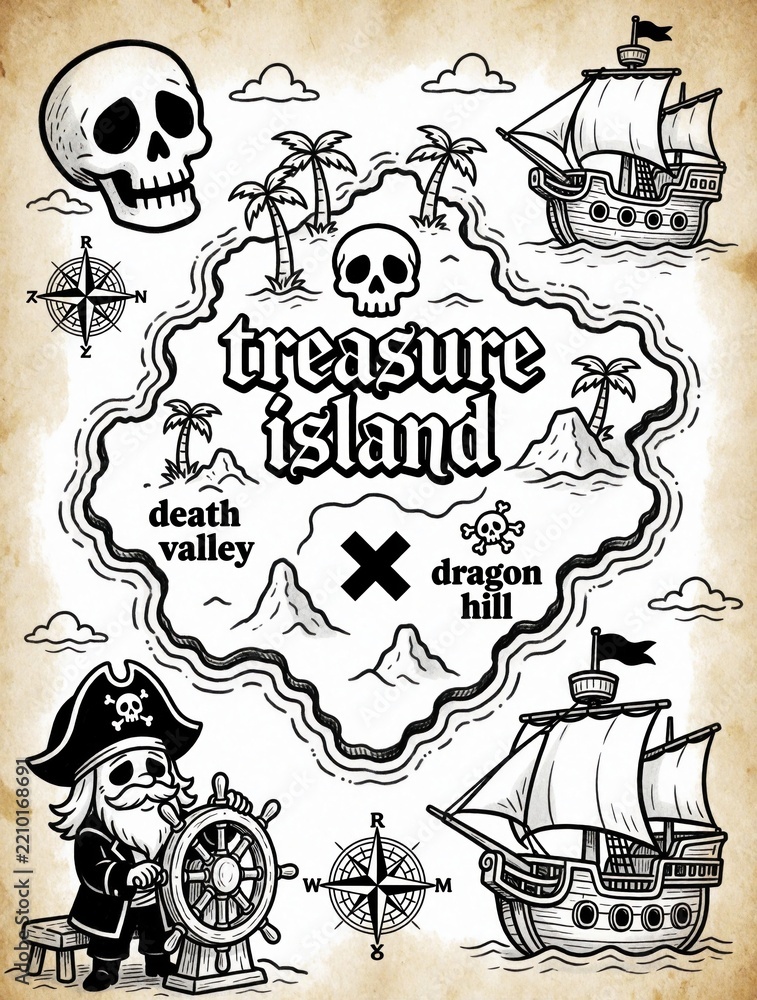Obraz premium Hand drawn pirate map with skulls, pirate ships, tropical island. Black, white coloring page style shows treasure island with death valley, dragon hill. Cartoon sea adventure elements for kids