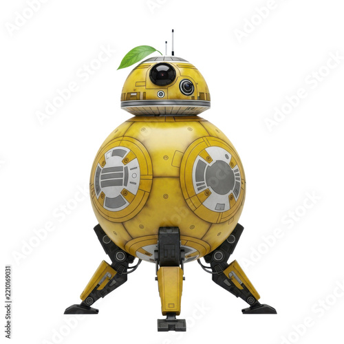 Golden yellow droid with green leaf on top against white background