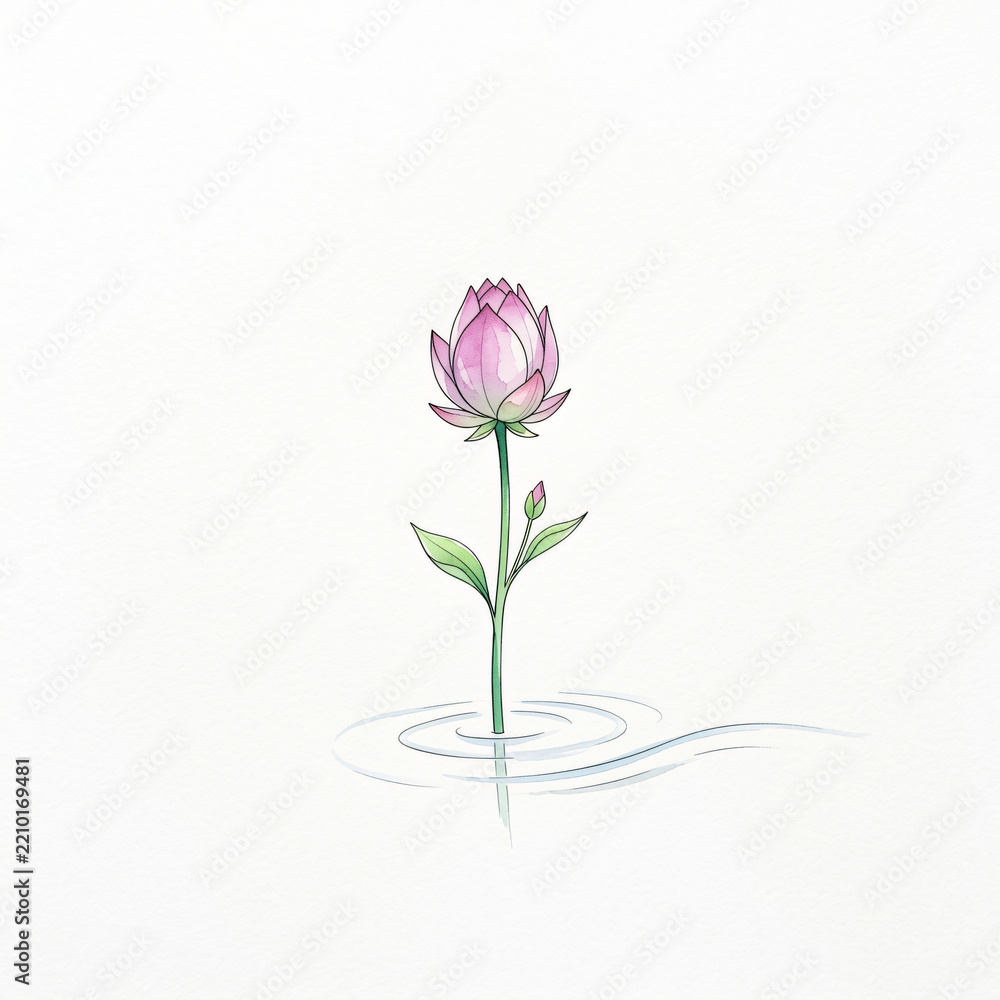 Fototapeta premium A delicate watercolor illustration of a single pink lotus flower blooming above calm water ripples.