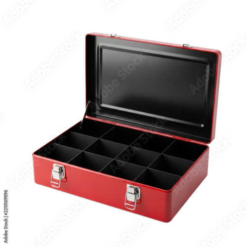A vibrant red metal storage box with a black interior divided into ten compartments, featuring silver latches and an open lid on a clean white background