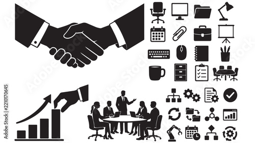 Business vector graphic illustration featuring office icons handshake management teamwork and growth charts in black