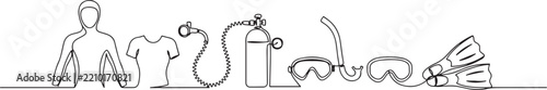 Single continuous line drawing of wetsuit, swimsuit, regulator, oxygen, mask, snorkel, goggle and fins. Underwater sport scuba diving equipment tools concept. one line Icon drawing