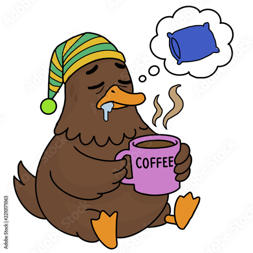 A brown duck is sitting and sleeping.