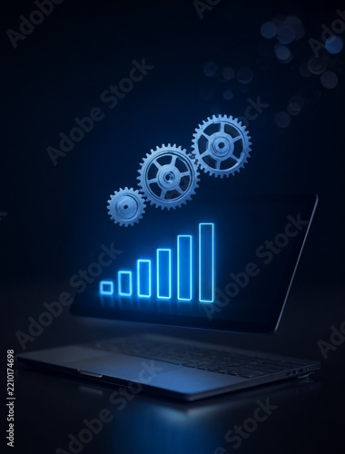 Business Growth Success Concept with Gears and Bar Chart on Laptop Screen