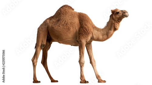 Full body side view of a brown dromedary camel with a single hump