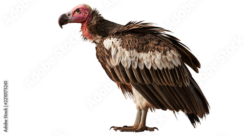 Lappet-faced vulture with brown feathers and pinkish bald head standing profile