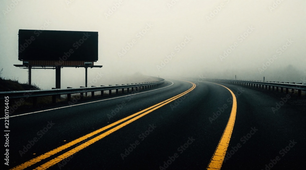 Obraz premium Dark blank billboard stands by empty highway in thick fog. Wet asphalt road with yellow lines curves through misty landscape. Lonely route under overcast sky creates moody atmosphere for travel