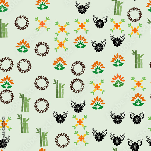 Seamless pattern with bamboo and floral motifs