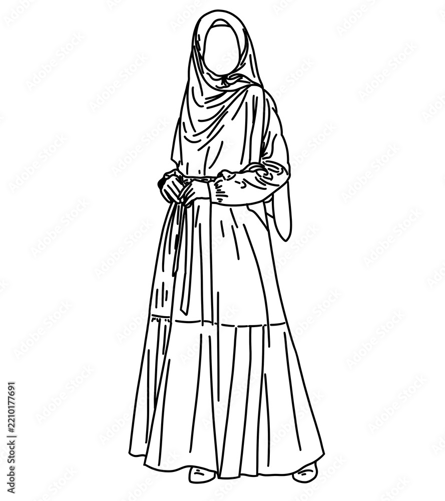 Obraz premium Muslim Woman Wearing Syari Hijab and Abaya Vector Illustration, Elegant Hijabi Girl in Modest Pastel Outfit Line Art Illustration, Modern Muslimah Character in Syari Outfit Vector Flat Design