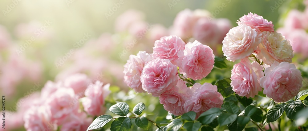 Naklejka premium Cluster of blooming pink roses with green leaves in a garden