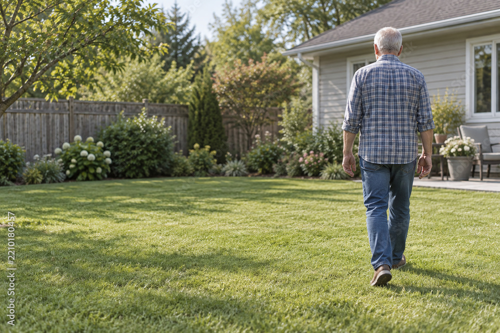 Fototapeta premium Older man walking beside a home seen from behind