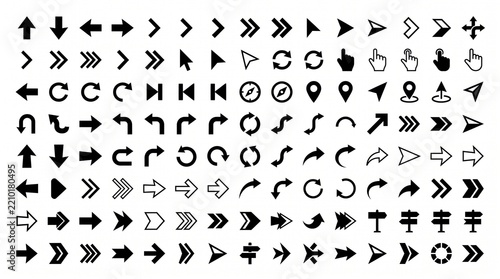 Black arrow icon collection featuring bold arrows, chevrons, pointers, navigation symbols, curved arrows, outlined designs, directional shapes, modern vector graphics, isolated on white background.