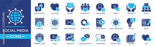 Social Media icon set. Containing design Social Media, Click Like, Share, Community, Add Friend. Solid icon collection.