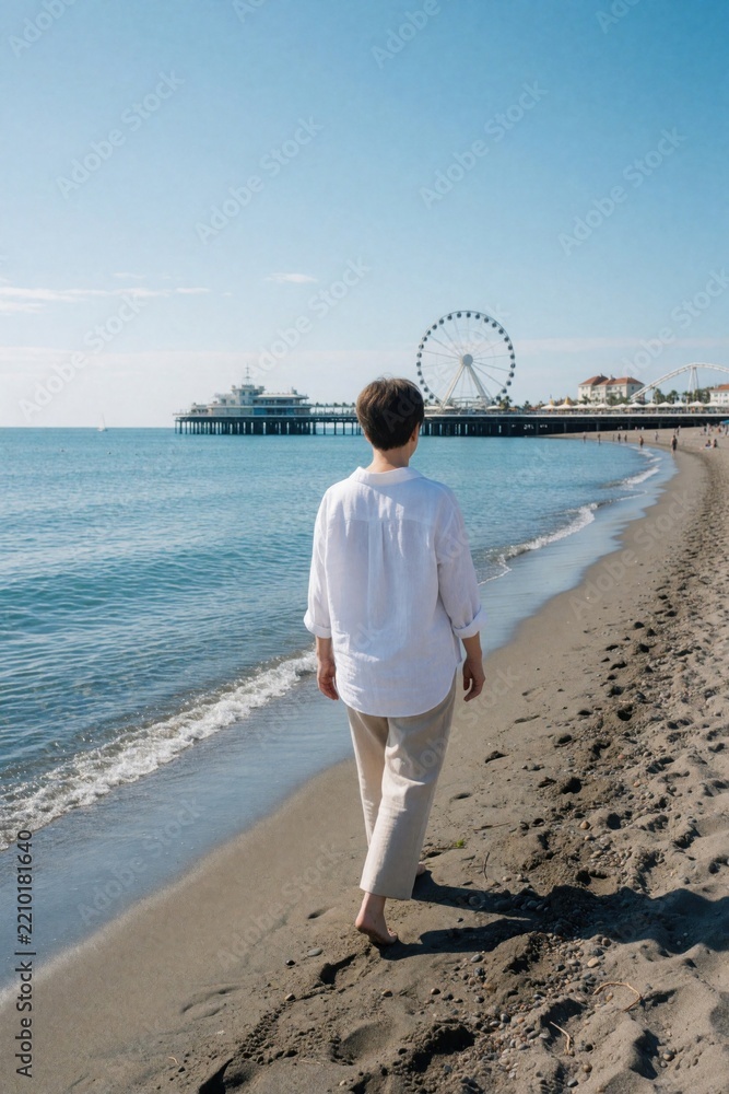 Fototapeta premium Mature woman walks alone on dark sand beach facing blue ocean. Wears white shirt, light pants for summer vacation. Seaside pier with ferris wheel stands in background under clear sky. Peaceful