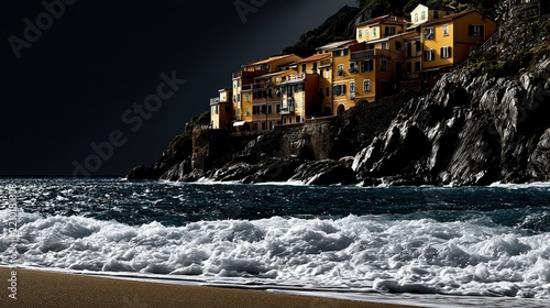 Vibrant buildings of Manarola stand against the stormy sea at Cinque Terre, Italy during twilight